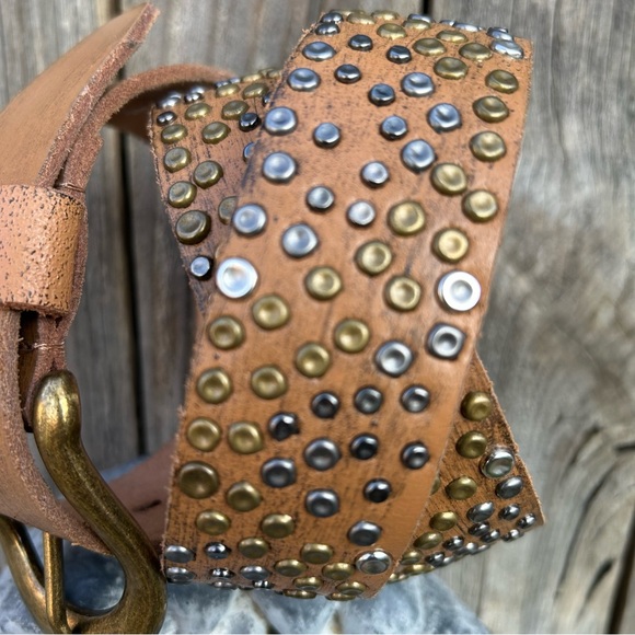 Joe’s Jeans Studded Leather Belt Tan Gold Silver Studs L - Picture 5 of 16